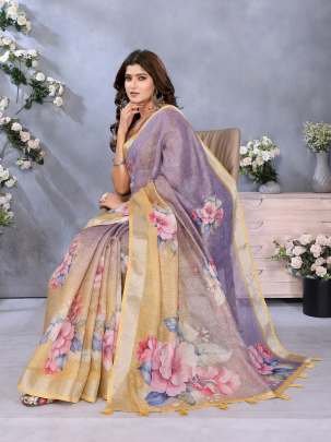 Lavender Yellow Shimmer Saree With Vibrant Floral Print