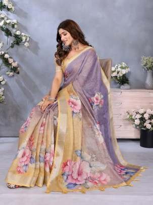 Lavender Yellow Shimmer Saree With Vibrant Floral Print