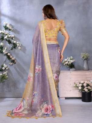 Lavender Yellow Shimmer Saree With Vibrant Floral Print