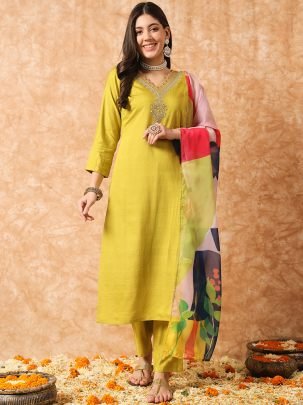 Lemon Colour Rayon Fabric Ready Made Suit