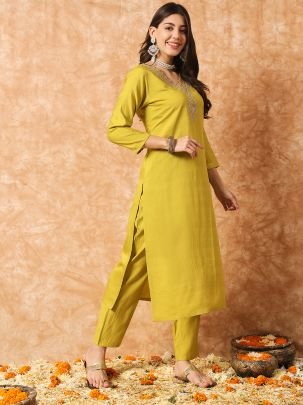 Lemon Colour Rayon Fabric Ready Made Suit