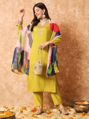 Lemon Colour Rayon Fabric Ready Made Suit