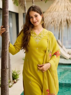 Lemon Rayon Slub Ethnic Set With Organza Dupatta