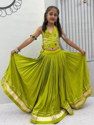 Lime Colour Mirror Hand Work Kids Navratri Lehenga