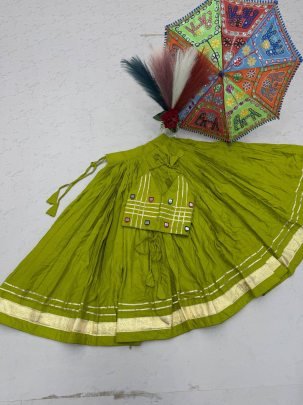 Lime Colour Mirror Hand Work Kids Navratri Lehenga