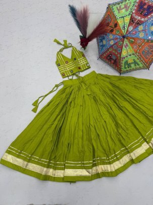 Lime Colour Mirror Hand Work Kids Navratri Lehenga