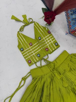 Lime Colour Mirror Hand Work Kids Navratri Lehenga