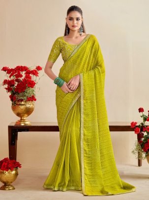 Lime Glow Bandhani Embroidered Saree with Blouse
