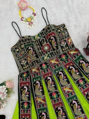 Lime Green Panel Top with Lehenga for Navratri