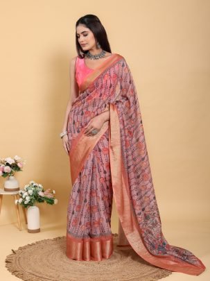 Linen Cotton Floral Print Saree With Orange Jacquard Weave Border