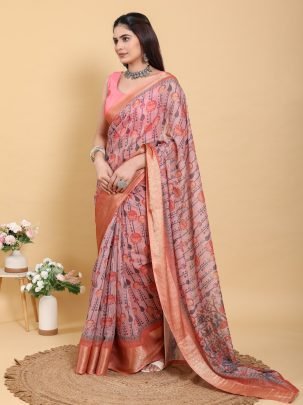 Linen Cotton Floral Print Saree With Orange Jacquard Weave Border