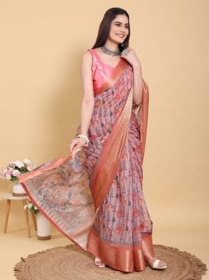 Linen Cotton Floral Print Saree With Orange Jacquard Weave Border