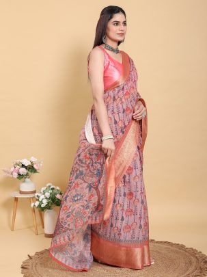 Linen Cotton Floral Print Saree With Orange Jacquard Weave Border