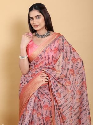 Linen Cotton Floral Print Saree With Orange Jacquard Weave Border