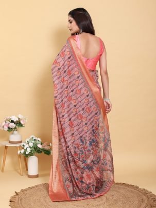 Linen Cotton Floral Print Saree With Orange Jacquard Weave Border