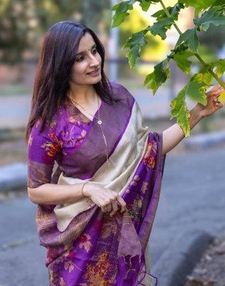 Linen Digital Print Purple Saree With Digital Print Work 