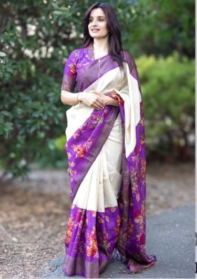 Linen Digital Print Purple Saree With Digital Print Work
