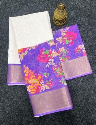 Linen Digital Print Purple Saree With Digital Print Work