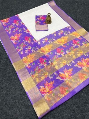 Linen Digital Print Purple Saree With Digital Print Work