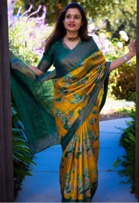 Linen Digital Print Rama Green Saree With Digital Print Blouse