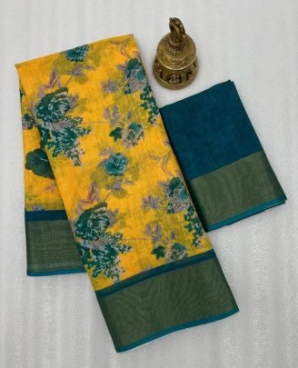 Linen Digital Print Rama Green Saree With Digital Print Blouse