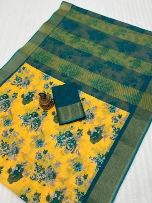 Linen Digital Print Rama Green Saree With Digital Print Blouse