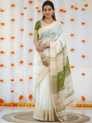  Elegant  Linen Saree with Golden Jari  Border Traditional Wear