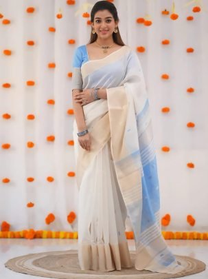 Elegant Linen Saree with Golden Jari  Border Traditional Wear