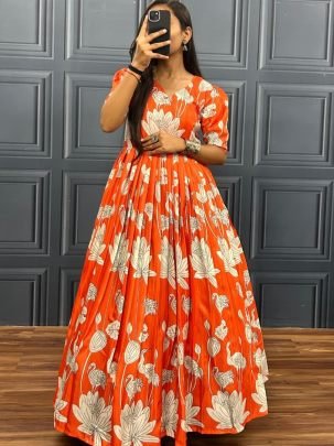Lotus Print Orange  Colour Gown