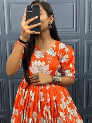 Lotus Print Orange  Colour Gown