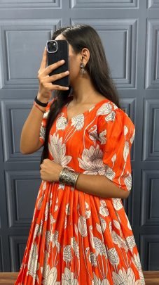Lotus Print Orange  Colour Gown