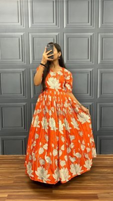 Lotus Print Orange  Colour Gown