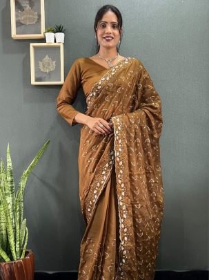 Luxuries Brown Sparkling Georgette Silk Saree Paired With Unstitched Blouse