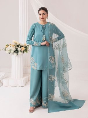 Luxurious Blue Pure Natural Crepe Silk Embroidered Top Plazzo Set With Organza Dupatta