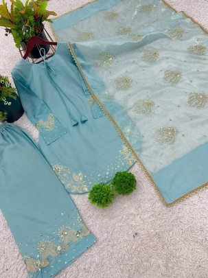 Luxurious Blue Pure Natural Crepe Silk Embroidered Top Plazzo Set With Organza Dupatta