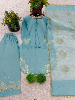 Luxurious Blue Pure Natural Crepe Silk Embroidered Top Plazzo Set With Organza Dupatta
