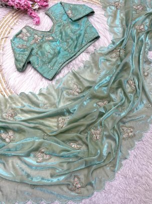 Luxurious Green Fandy Satin Saree With Khatli Brits Work And Arco Border