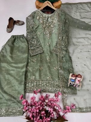 Luxurious Green Sequins Embroidery Work Kurti Plazzo Set With Beautiful Organza Silk Dupatta