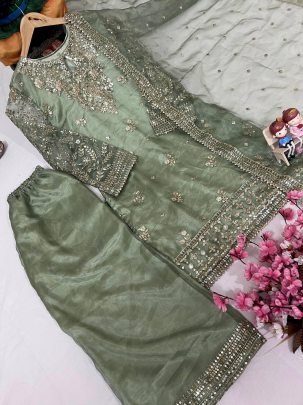 Luxurious Green Sequins Embroidery Work Kurti Plazzo Set With Beautiful Organza Silk Dupatta