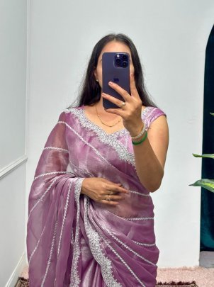Luxurious Light Purple Burberry Cut Work Border Saree With Matching Burberry Blouse