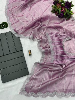 Luxurious Light Purple Burberry Cut Work Border Saree With Matching Burberry Blouse