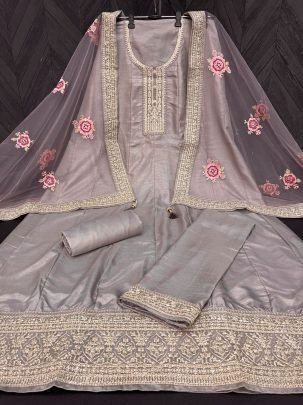 Luxurious Light Purple Dola Silk Semi Stitched Dress Material With Jari Dori And Sequins Work