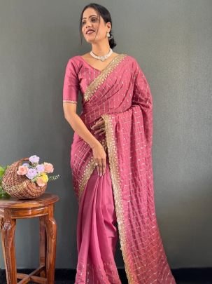 Luxurious Onion Pink Multi Sequence Embroidery Work Georgette Silk Saree