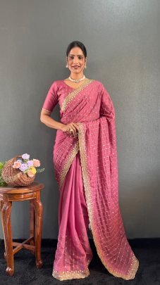 Luxurious Onion Pink Multi Sequence Embroidery Work Georgette Silk Saree