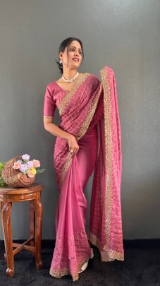 Luxurious Onion Pink Multi Sequence Embroidery Work Georgette Silk Saree