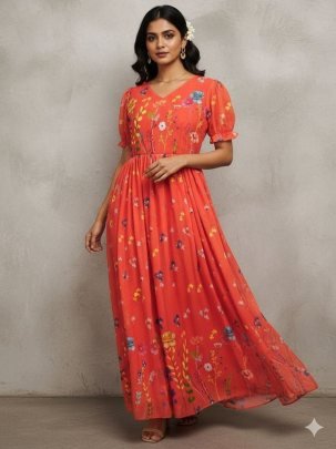 Luxurious Orange Fox Georgette Short Sleeves Dress