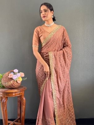 Luxurious Peach Multi Sequence Embroidery Work Georgette Silk Saree