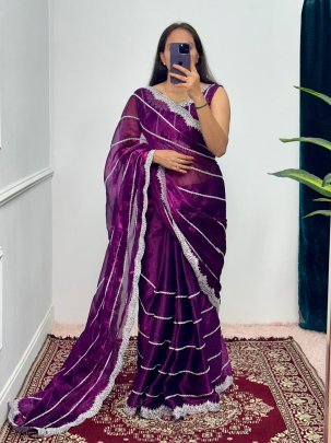 Designer Purple Green Burberry Saree With Cut Work Border