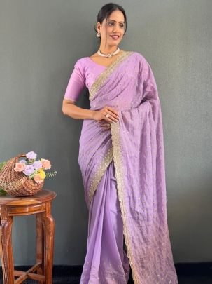 Luxurious Purple Multi Sequence Embroidery Work Georgette Silk Saree