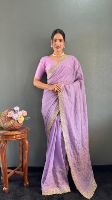 Luxurious Purple Multi Sequence Embroidery Work Georgette Silk Saree